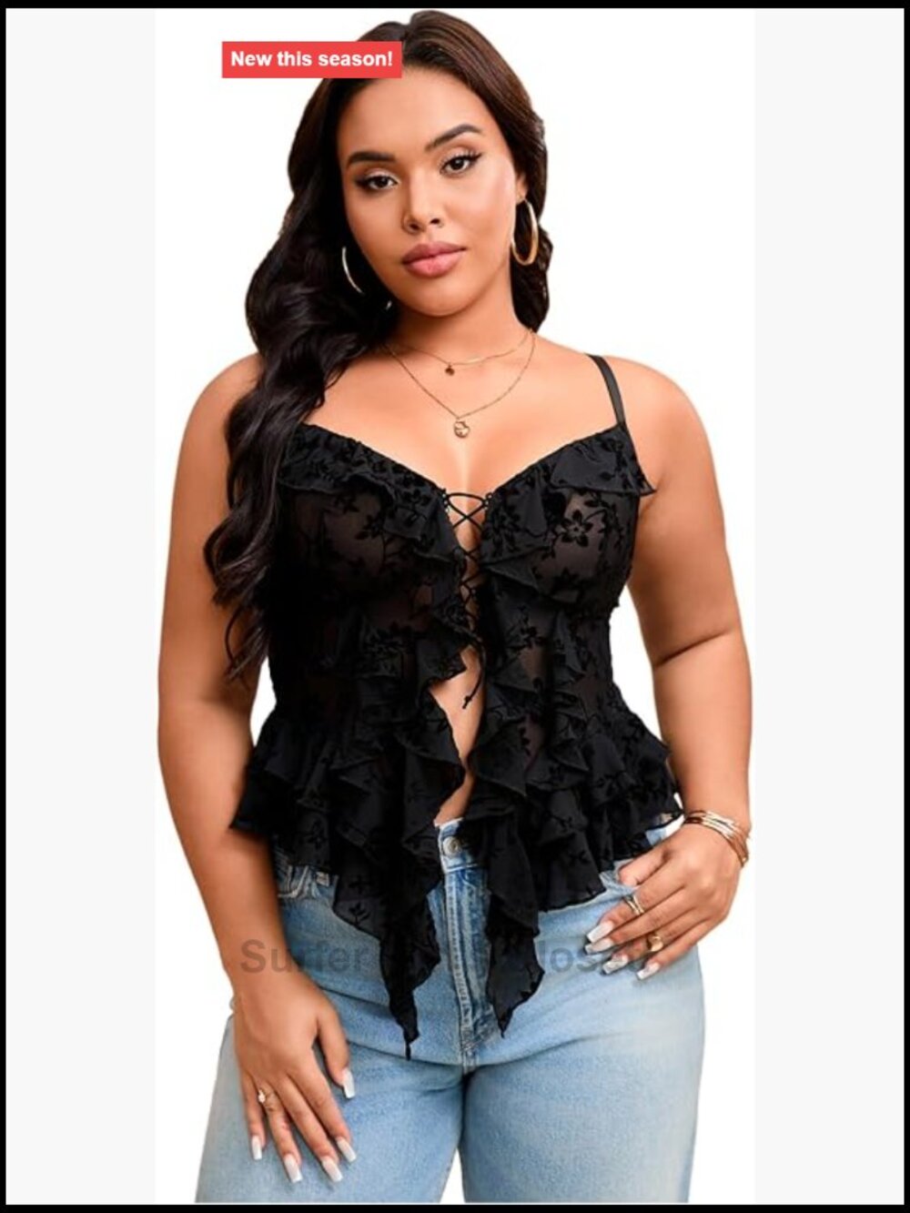 Plus Size Sheer Ruffle Trim Cami Tops